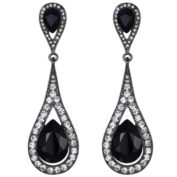 Gun Metal with Black Onyx and Diamond Austrian Crystal Dual Teardrop Earrings